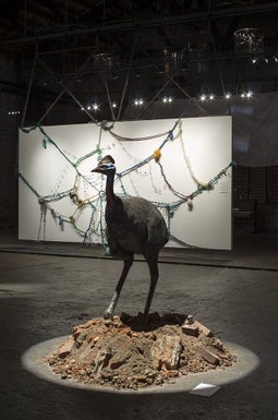 Nikki Starz, Gonzo Was a Muppet, Too, 2013; steel, foam, fiberglass, aqua resin, wood, brick, dirt, oil paint, at Barbara Archer. A work by Pam Longobardi is in the background. (Photo: Oktawian Otlewski) 