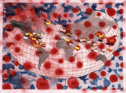 World Map, from the series Bomb After Bomb: A Violent Cartography, flag pins mark bombsites for which there are corresponding drawings, 22"x30", elin o'Hara slavick