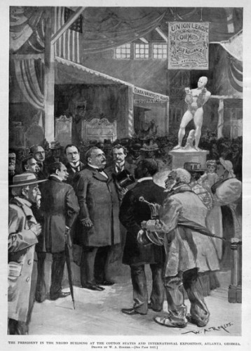 Depiction of President Grover Cleveland visiting the Atlanta Negro Building, with W.C. Hill's sculpture A Negro with Chains Broken But Not Off in the background.