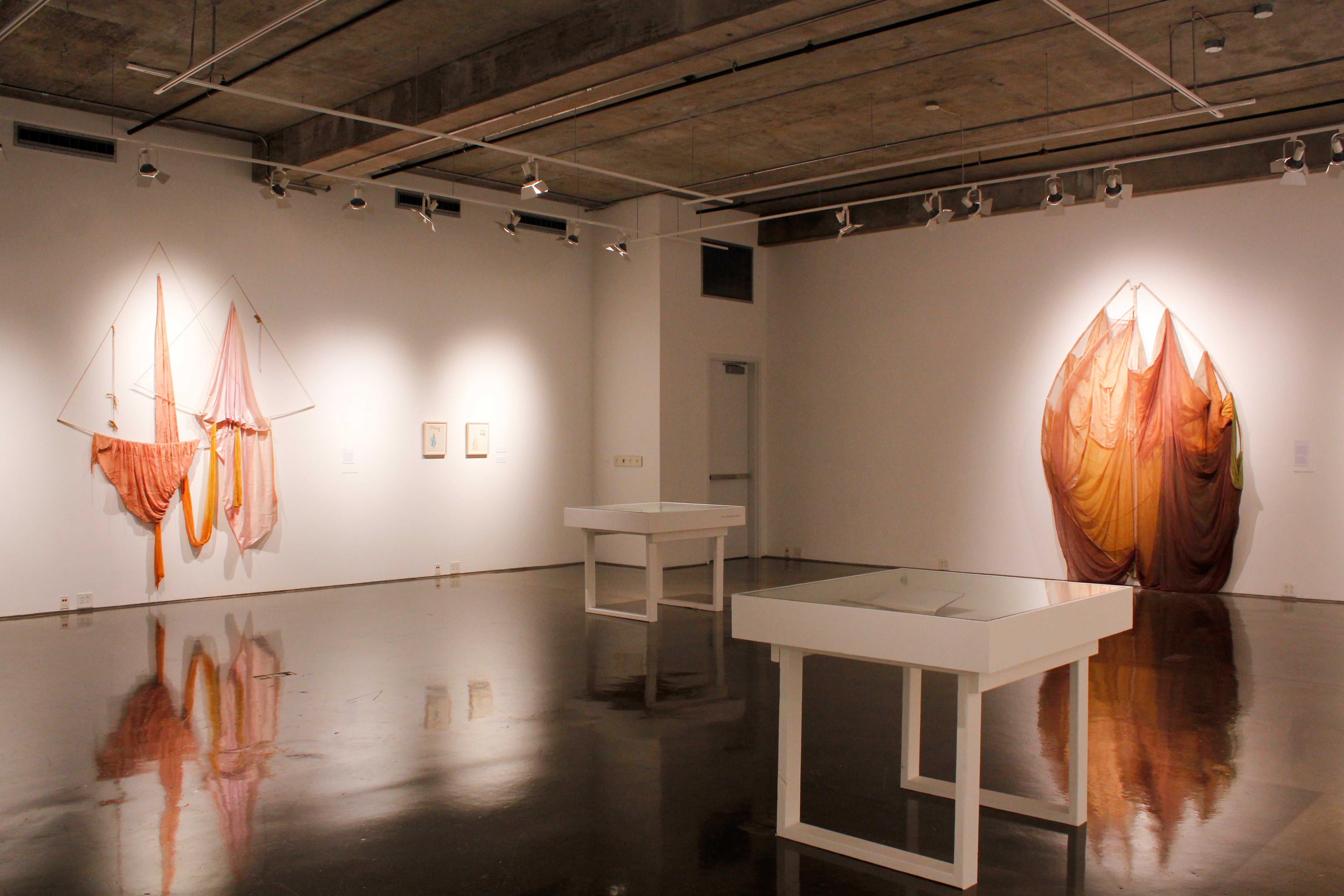 Installation view showing The Catherines on the right wall and Balancing on the left, both 1973. (Photo: Lucy Bone)