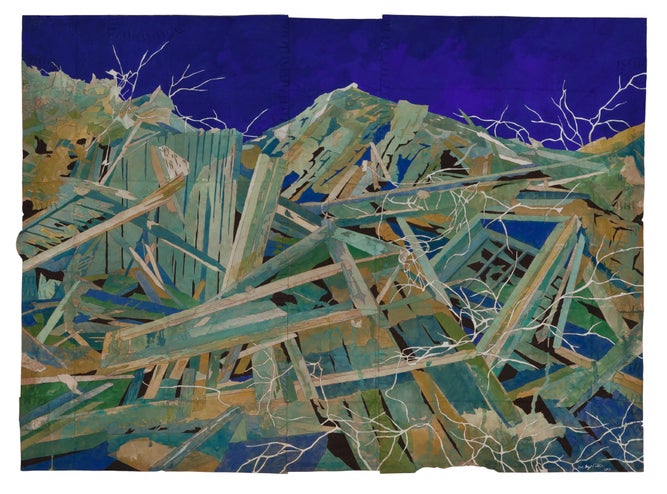 The work "An Ocean Slips Between Us" by Maysey Craddock depicts a dilapidated wooden structure against a blue background. 