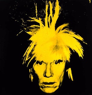 A black and yellow portrait of Andy Warhol with his hair sticking out.