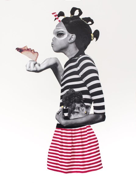 A black girl in a black-striped shirt and a red-striped skirt holding a face mask, an artwork by Deborah Roberts. 