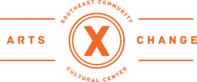 Artsxchange logo with orange type and a large X at the center