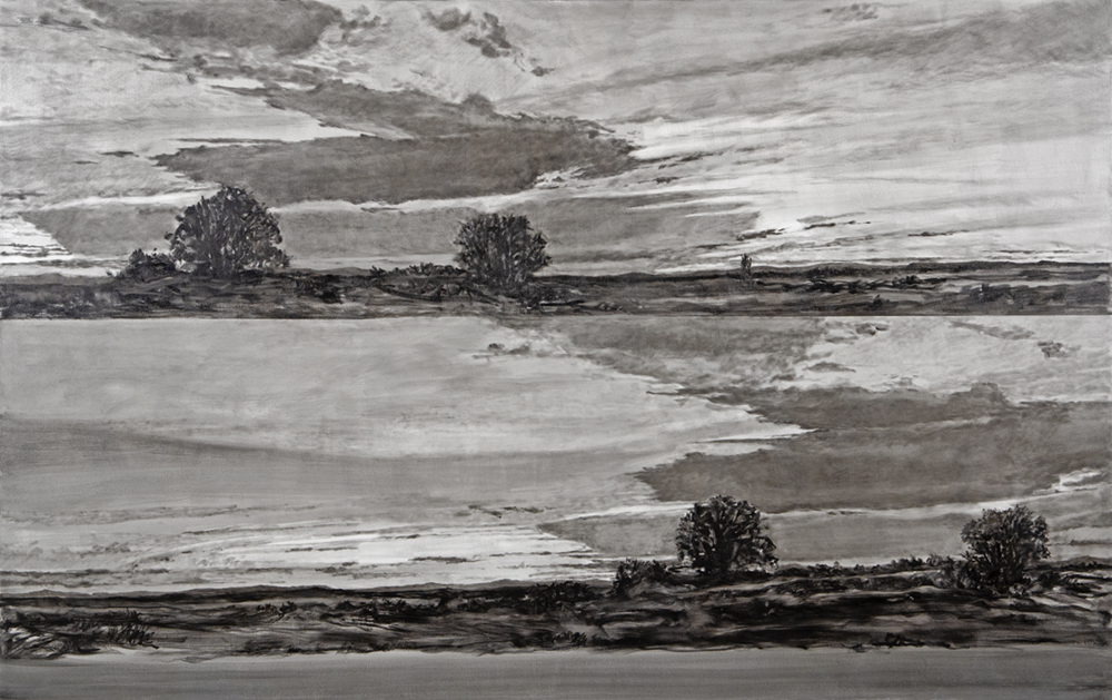 A greyscale painting of rugged land meeting the sky by artist Rocío Rodríguez. 