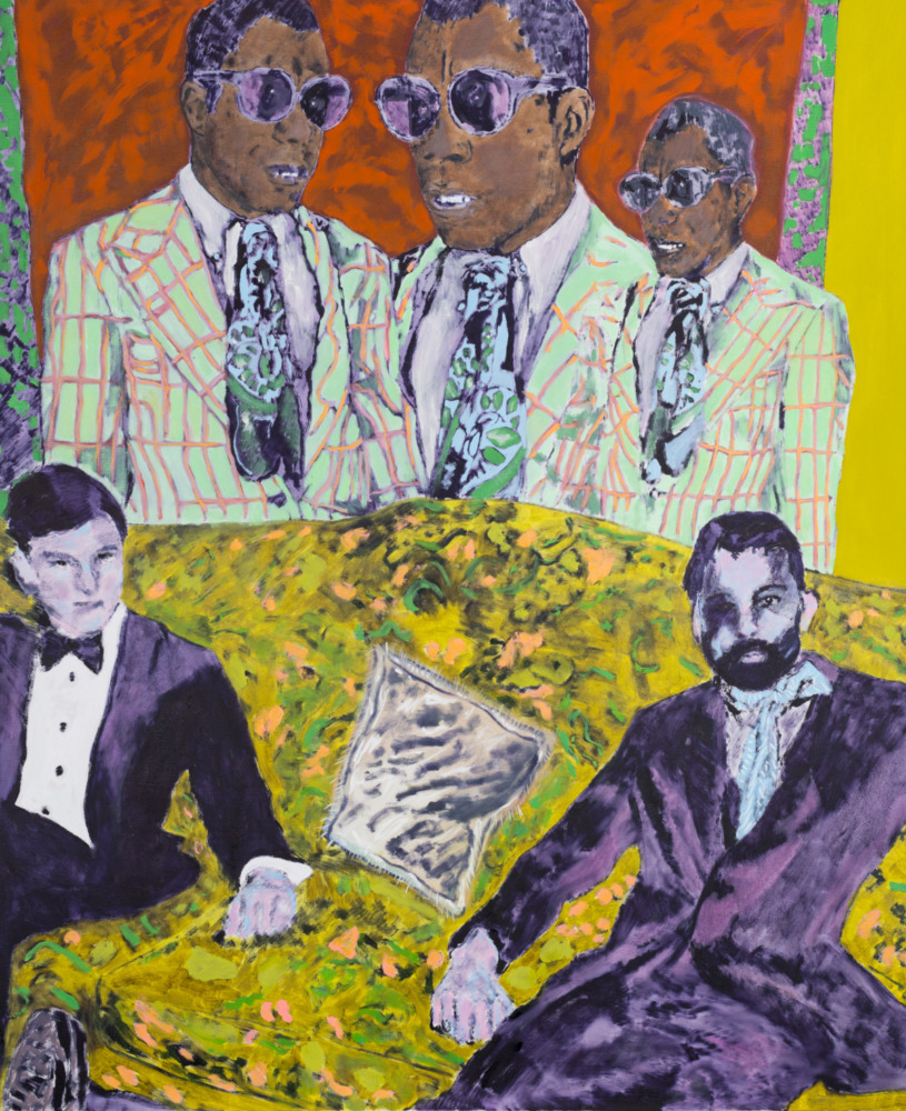 a painting of two figures in purple sitting on a yellow couch with a triptych of James Baldwin behind them. 