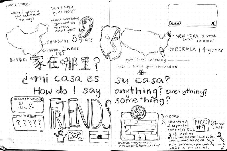 a word map with multiple phrases in black text like "mi casa es su casa" "how do I say anything? everthing? something" "can I hear your story?"
