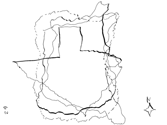 black sketches of different geographical areas overlaying one another, there is a compass rose in the right corner with a N representing North