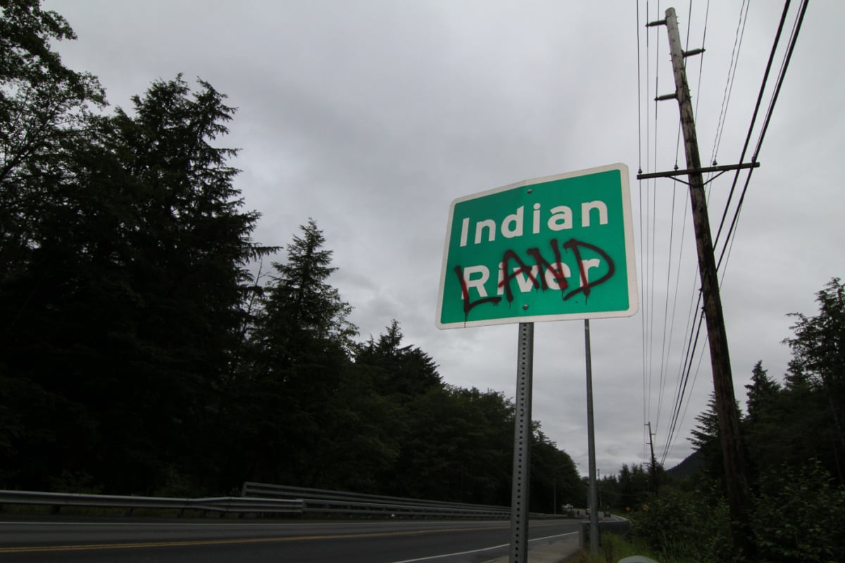 a green road sign reading "Indian River" the word "Road" has been spray-painted over with the word "Land." the sky is overcast and the forested road is dark and shadowed