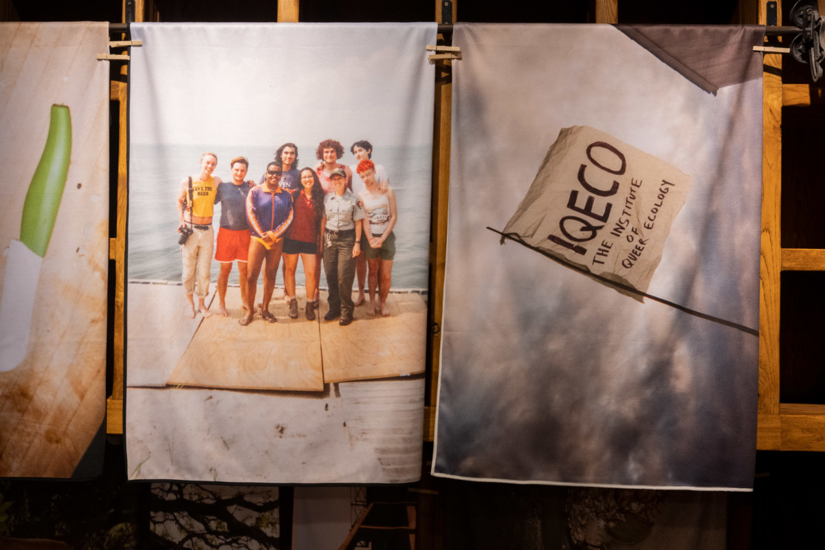 photo of screen-printed textiles showing a group of people on the shore of the beach and a flag reading "Institute of Queer Ecology" waving against a cloud-filled sky