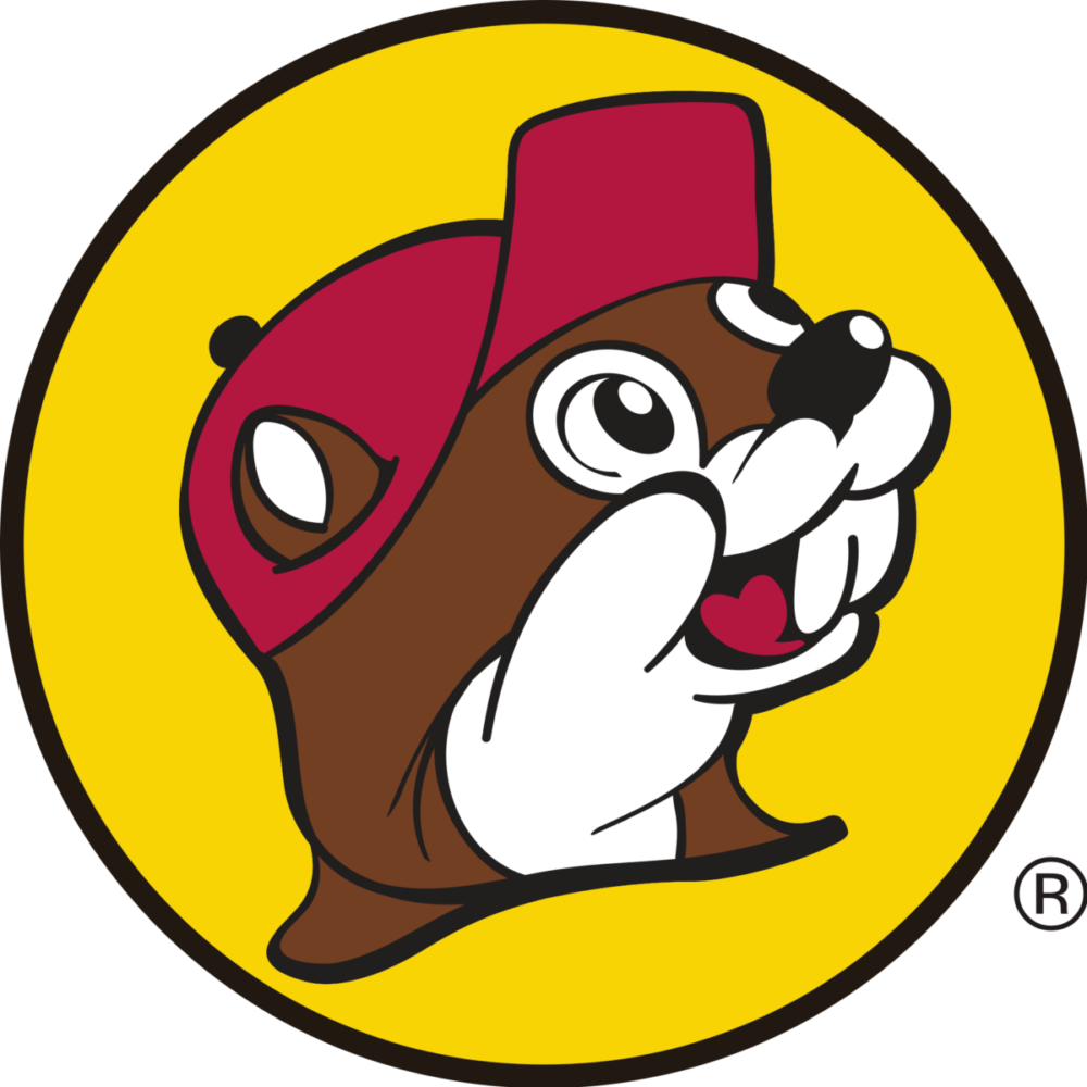a yellow circle lined with black with a brown beaver wearing a red hat 
