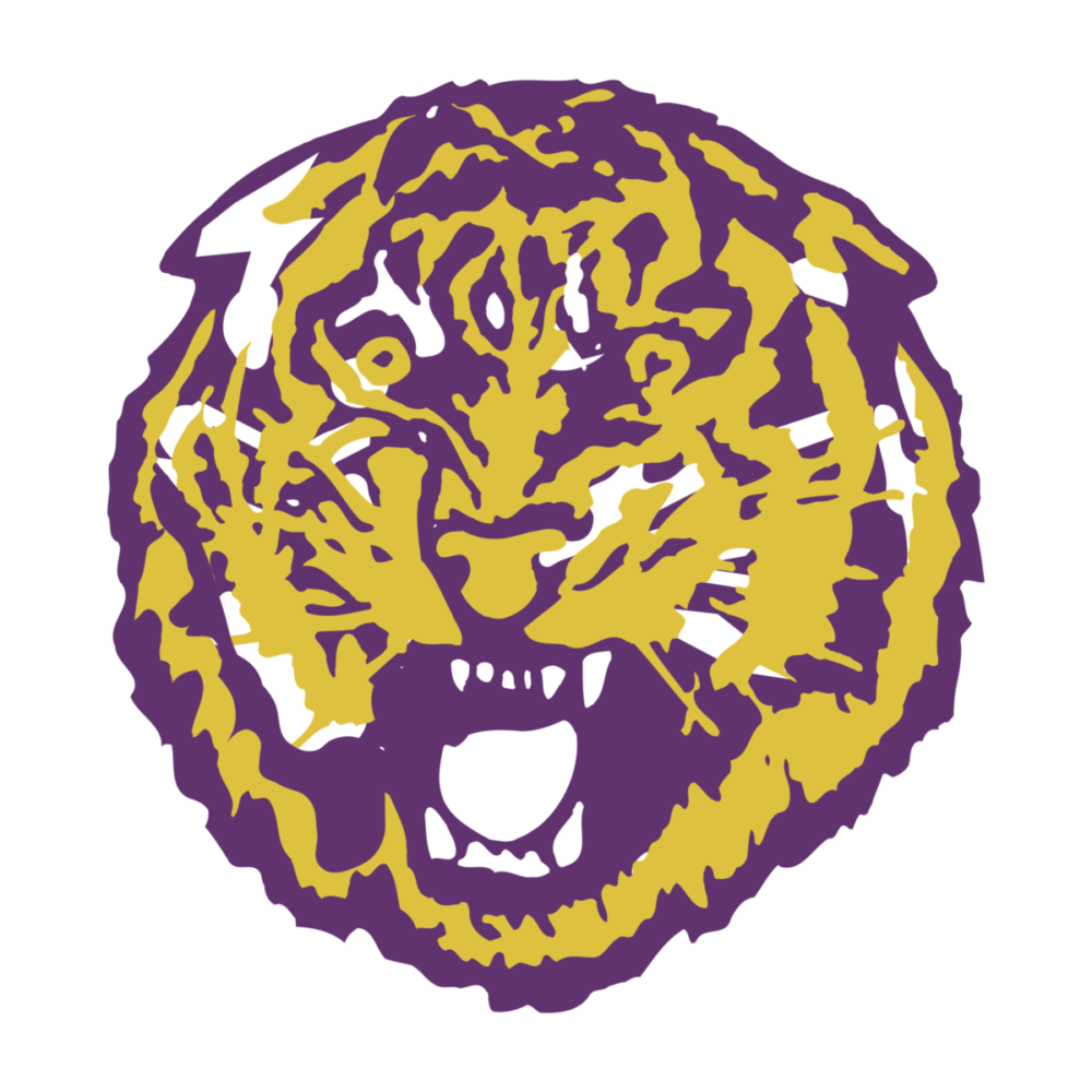a purple and gold cartoon growling tiger