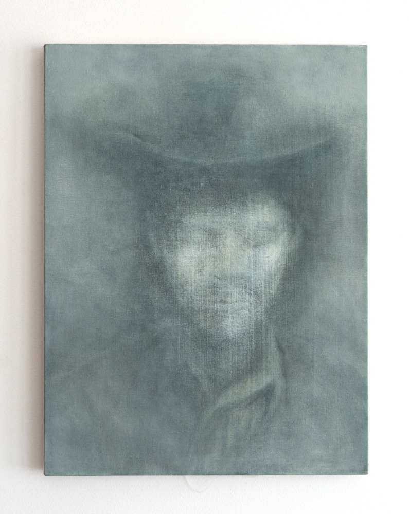 a blue gray hazy painting of a person wearing a cowboy hat