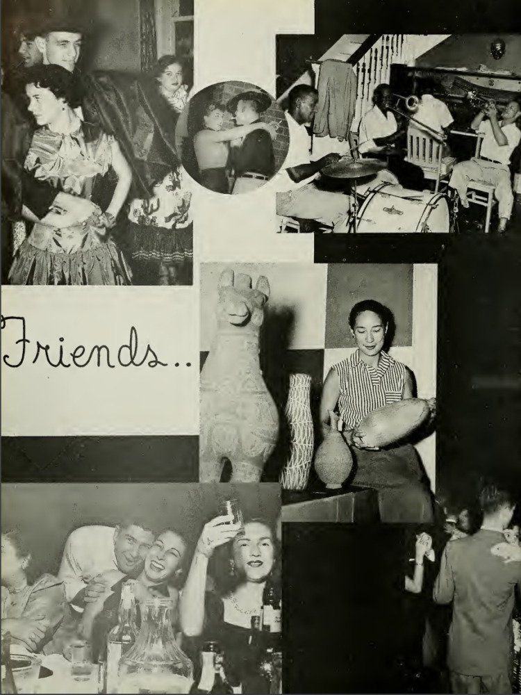 A yearbook clipping shows various scenes of college life, with party and dancing scenes and Katherine Choy by herself, holding a ceramic piece smiling down.