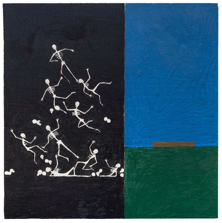 In this painting, white skeletons fall on a black background beside flat blocks of color in green and blue. 