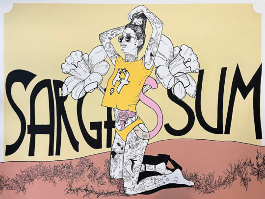 figure posing on knees adjusting ponytail into bun in center of artwork wearing yellow bikini bottom and graphic yellow tee on coral colored sand with the word sargassum behind figure in all caps and black ink figure is covered head to toe in ink drawn tattoos