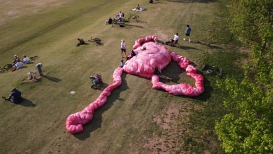 pink fluffy art installation on grass with people