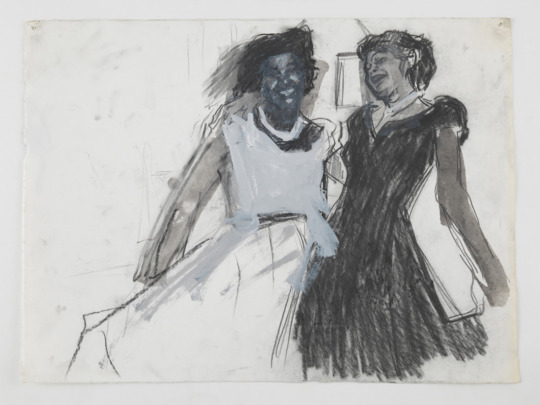 sketched image on paper of two black women laughing and holding each other